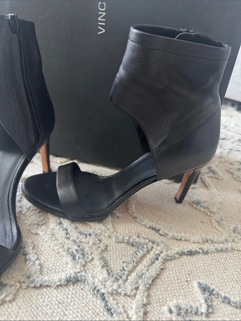 Vince Black Leather Zip-Ankle Open-Toe Heels
